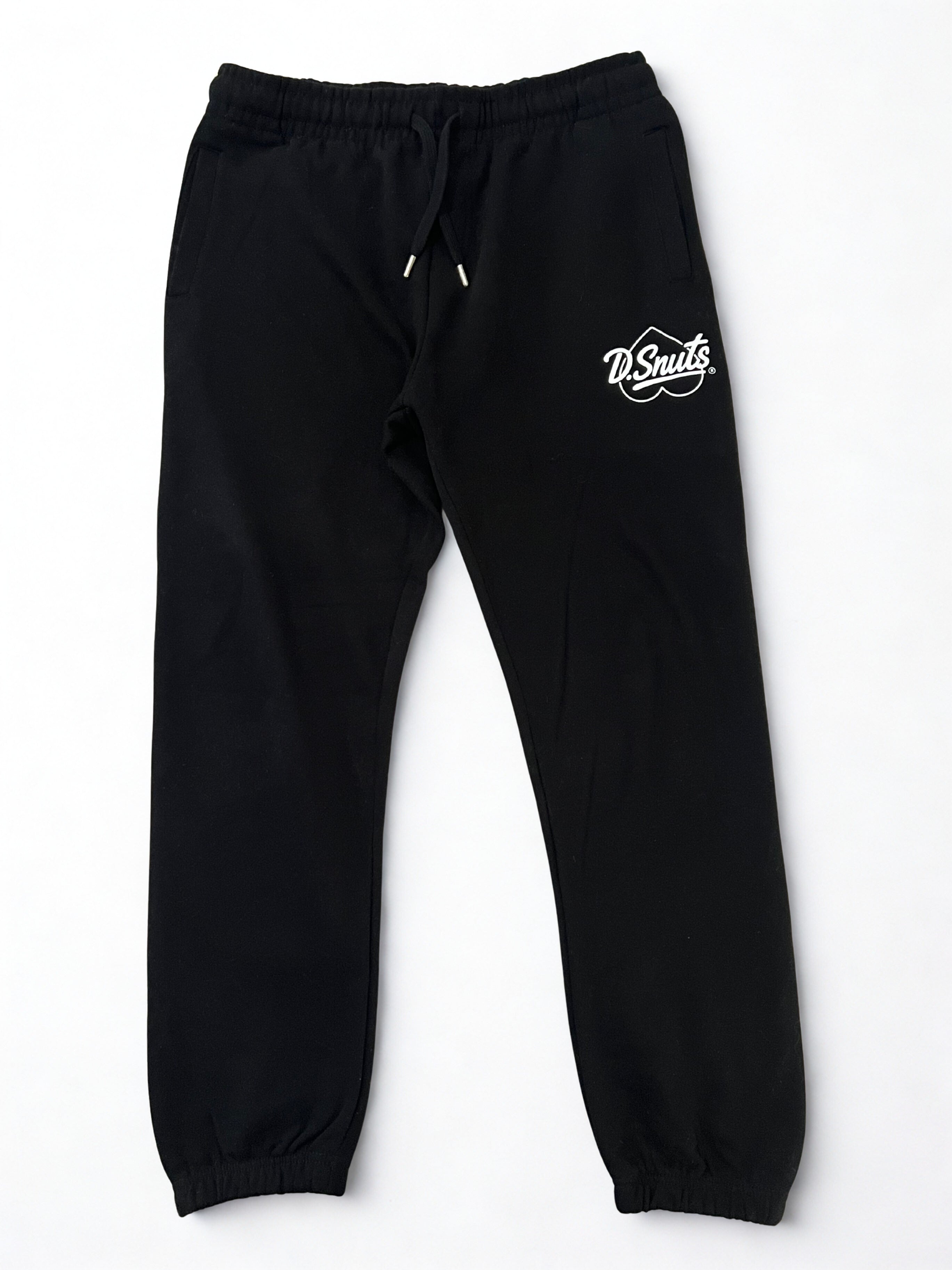 Black sweatpants with a logo on a white background
