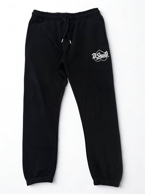 Black sweatpants with a logo on a white background