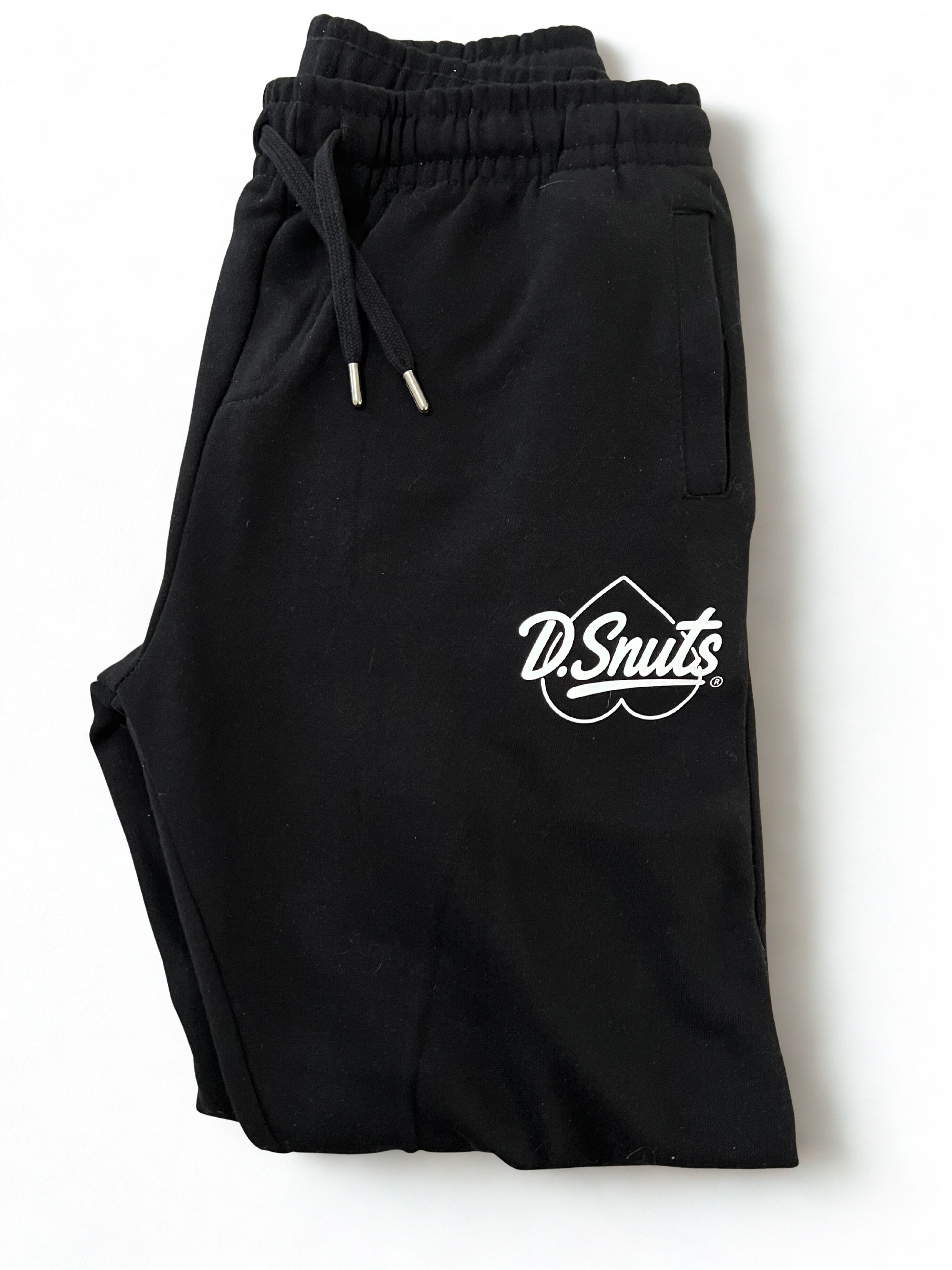 Black sweatpants with a logo on a white background