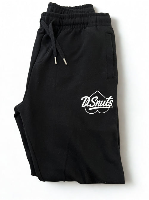Black sweatpants with a logo on a white background