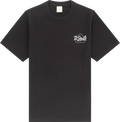 Black t-shirt with a white logo on the chest against a white background