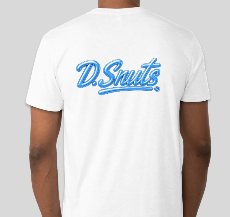 White t-shirt with blue 'D. Snuts' logo on a gray background