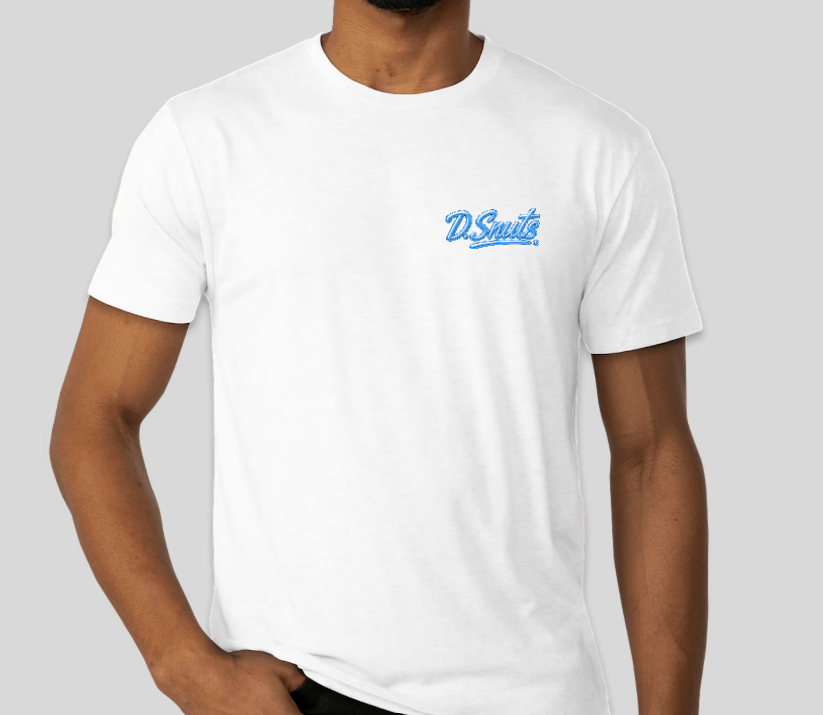 White t-shirt with blue logo on a gray background